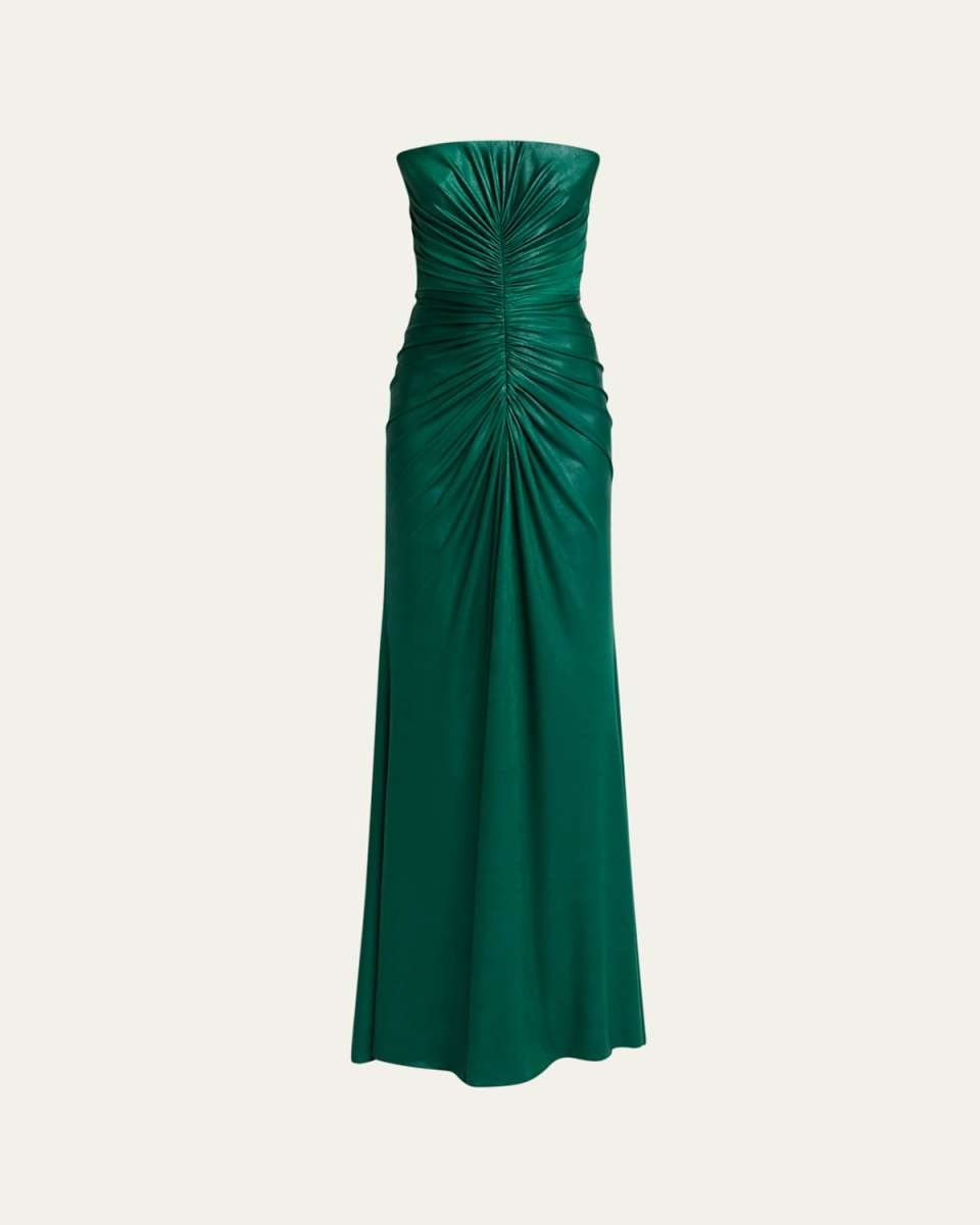 Strapless Ruched Coated Jersey Gown